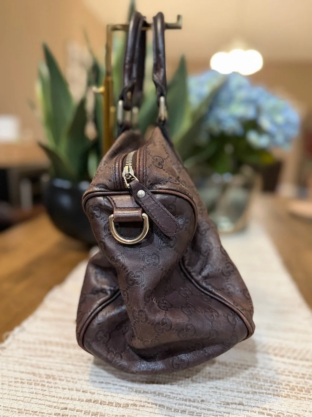 Gucci Brown Leather GG Monogram Top-Handle Bag with Patterned Lining